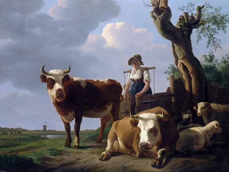 1770-Gillis Smak Gregoor - Paesaggio con bovini e contadina con secchi